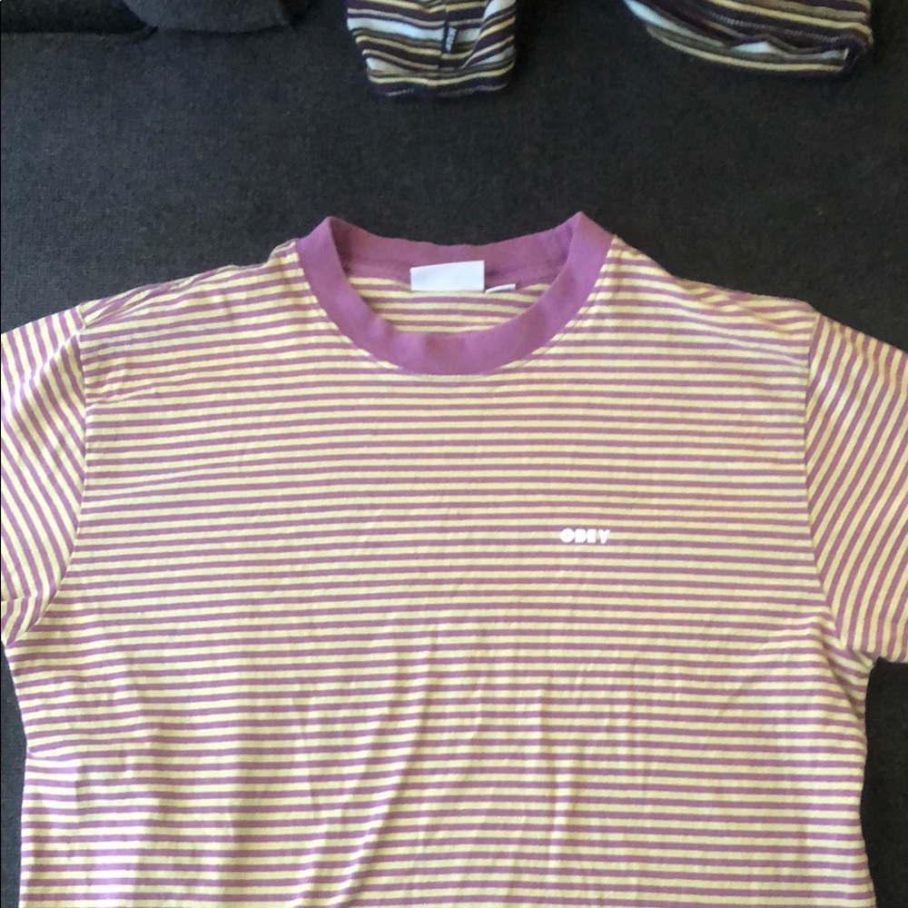 Obey Purple and Yellow Striped Tee
